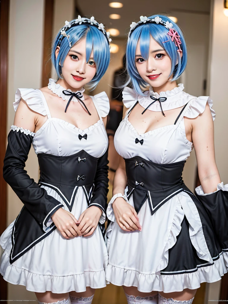 (8K, Photorealistic, Raw photo, of the highest quality: 1.3), (1girl in), Super beautiful, (Realistic face), (boyish, pink Color Berry Shorthair), Beautiful , Glare that captivates the viewer, Beautiful expression, Beautiful breasts, (Realistic skin), Be...Create a detailed and colorful image of Ram and Rem from Re:Zero, standing back-to-back in their maid outfits, with a magical fantasy background、14years old, two girls,cute, perfect face, beautiful, nice body, gothic lolita clothes, gothic lolita fashion, frilly skirt, headdress, necklace, bracelet, knee-high socks, boots, double eyelids, tear bags, Detailed down to the fingers, photo-like description, indoors, dim indoor lighting, one girl is pink hair and short bob, another girl is light blue hair and short bob,standing,whole body, composition that shows the whole body, smiling,The Both of them are wearing the same type of maid outfit,Optimal ratio of 4 fingers and 1 thumb