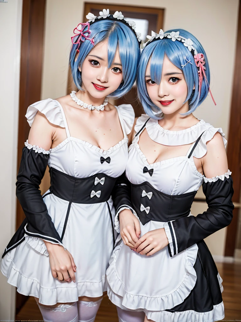 (8K, Photorealistic, Raw photo, of the highest quality: 1.3), (1girl in), Super beautiful, (Realistic face), (boyish, pink Color Berry Shorthair), Beautiful , Glare that captivates the viewer, Beautiful expression, Beautiful breasts, (Realistic skin), Be...Create a detailed and colorful image of Ram and Rem from Re:Zero, standing back-to-back in their maid outfits, with a magical fantasy background、ars old, two girls,cute, perfect face, beautiful, nice body, gothic lolita clothes, gothic lolita fashion, frilly skirt, headdress, necklace, bracelet, knee-high socks, boots, double eyelids, tear bags, Detailed down to the fingers, photo-like description, indoors, dim indoor lighting, one girl is pink hair and short bob, another girl is light blue hair and short bob,standing,whole body, composition that shows the whole body, smiling,The Both of them are wearing the same type of maid outfit,Optimal ratio of 4 fingers and 1 thumb