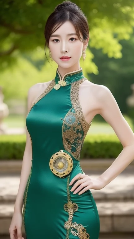 Green Spandex Cheongsam, Delicate face、Detailed eyes and face、With the backdrop of a complex French palace including gardens, One girl, masterpiece, Perfect Face, steampunk mini skirt , ((Really intricate steampunk background)), masterpiece, Surrealist, A dress with really intricate detail , A really complicated background, , masterpiece, Surrealist, A dress with really intricate detail , A really complicated background