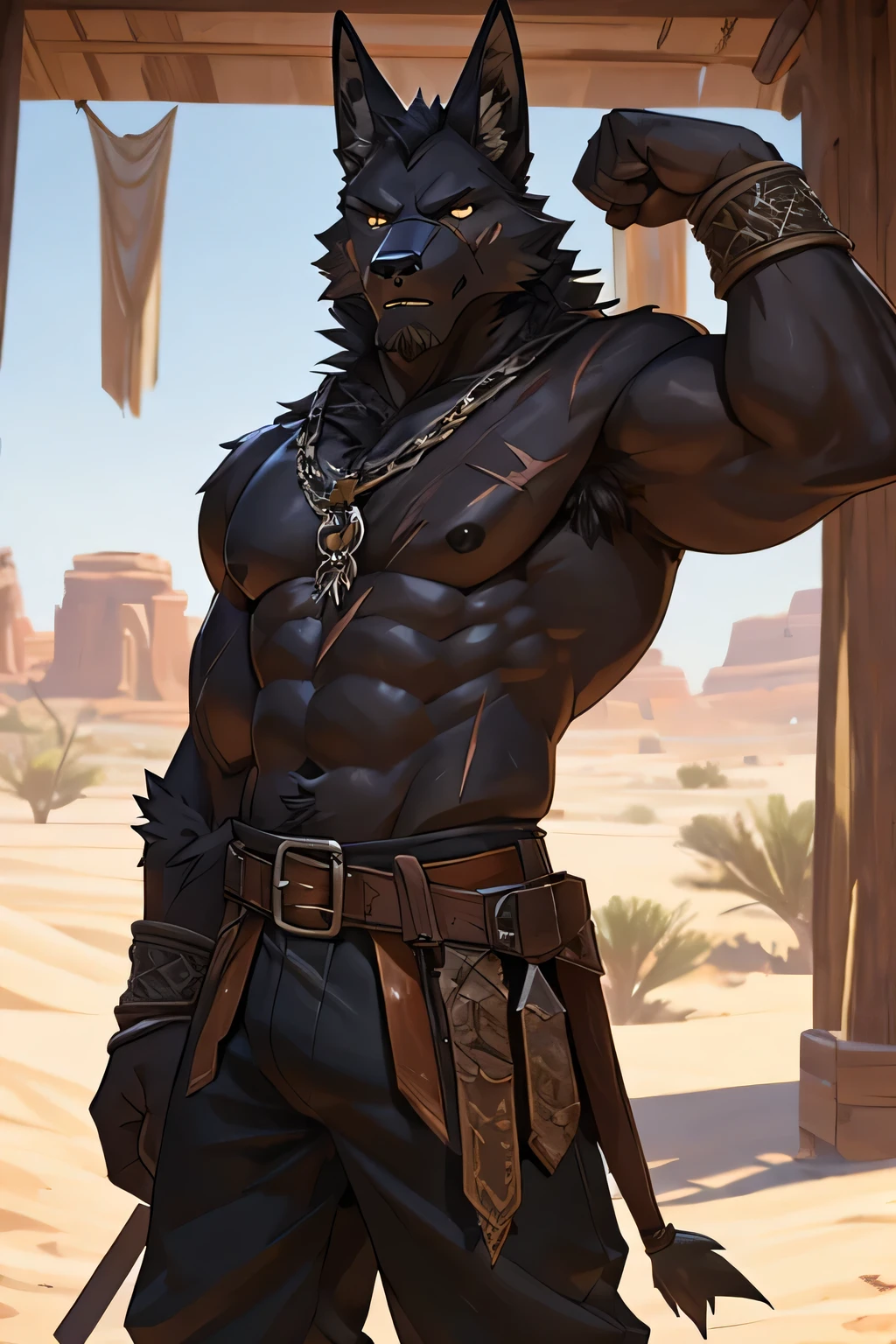 Masterpieces, furry, male, Anthropomorphic, old age, black jackal, fit and slender body type, Delicate eyes, white goatee, grizzled fur, glistening body, raider, thief, marauder, ebony skin, depth of field, warm lighting, bright lighting, (best quality),(masterpiece),(ultra detailed), sharp focus, desert background, very large succulent black nipples, fierce look, evil grins, scars, glossy, oiled up, oily skin, black trousers, shirtless, thigh muscles, flexing pose, thick leather belt