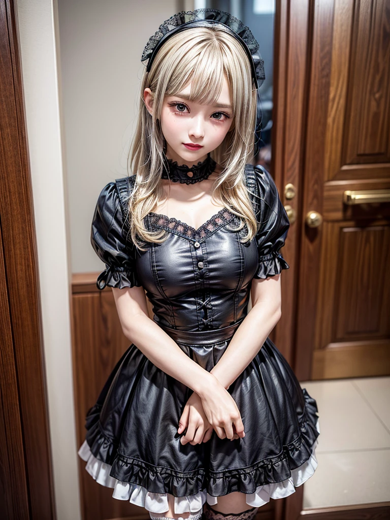 (8K, Photorealistic, Raw photo, of the highest quality: 1.3), (1girl in), Super beautiful, (Realistic face), (boyish, Silver Color Berry Shorthair), Beautiful , Glare that captivates the viewer, Beautiful expression, Beautiful breasts, (Realistic skin), Be...Super high quality, super high definition, super detailed, masterpiece, 20years old, female, cute, perfect face, beautiful, nice body, gothic lolita clothes, gothic lolita fashion, frilly skirt, headdress, necklace, bracelet, knee-high socks, boots, double eyelids, tear bags, Detailed down to the fingers, photo-like description, indoors, dim indoor lighting, blonde hair, short bob, standing, whole body, composition that shows the whole body, smiling
