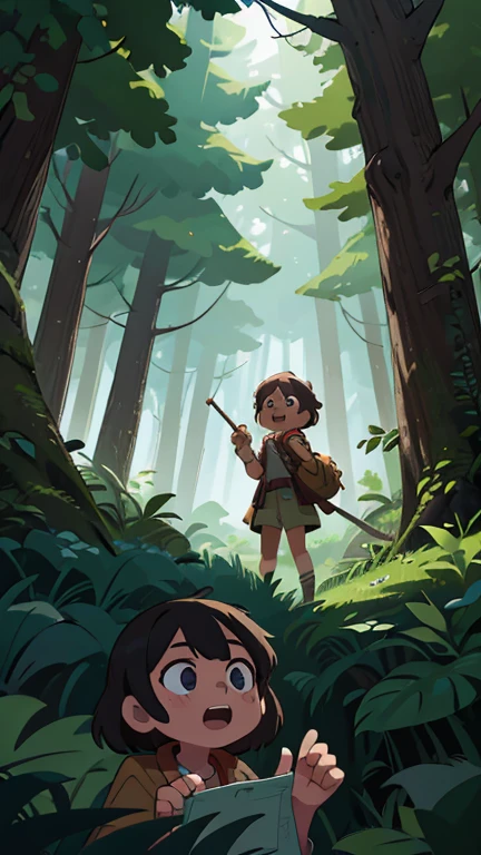 Ali and Maya enter a mysterious forest, with a backdrop of dense trees and a slightly dark atmosphere. They look enthusiastic about following directions from the map while preparing to face various obstacles.