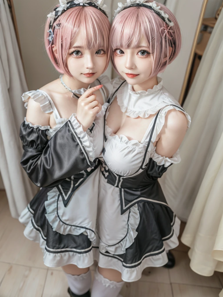 (8K, Photorealistic, Raw photo, of the highest quality: 1.3), (1girl in), Super beautiful, (Realistic face), (boyish, pink Color Berry Shorthair), Beautiful , Glare that captivates the viewer, Beautiful expression, Beautiful breasts, (Realistic skin), Be...Create a detailed and colorful image of Ram and Rem from Re:Zero, standing back-to-back in their maid outfits, with a magical fantasy background、14years old, two girls,cute, perfect face, beautiful, nice body, gothic lolita clothes, gothic lolita fashion, frilly skirt, headdress, necklace, bracelet, knee-high socks, boots, double eyelids, tear bags, Detailed down to the fingers, photo-like description, indoors, dim indoor lighting, one girl is pink hair and short bob, another girl is light blue hair and short bob,standing,whole body, composition that shows the whole body, smiling,The Both of them are wearing the same type of maid outfit,Optimal ratio of 4 fingers and 1 thumb