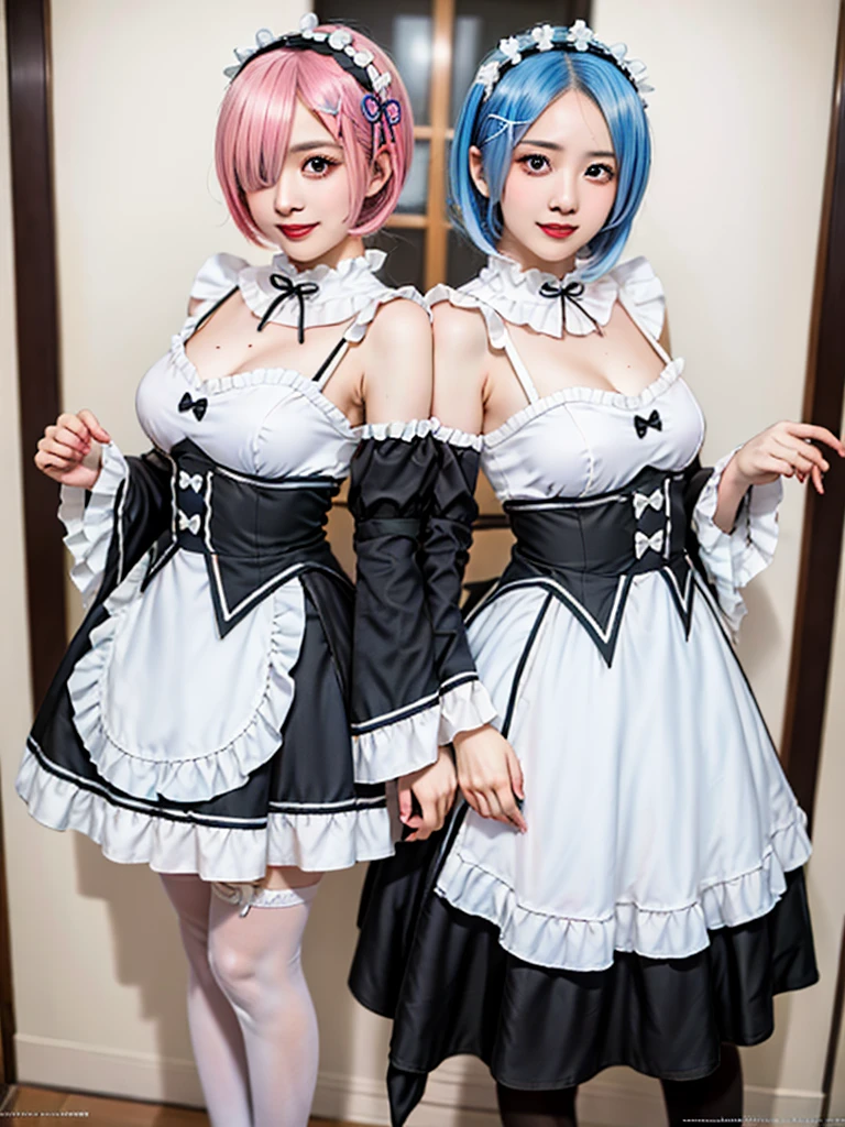 (8K, Photorealistic, Raw photo, of the highest quality: 1.3), (1girl in), Super beautiful, (Realistic face), (boyish, pink Color Berry Shorthair), Beautiful , Glare that captivates the viewer, Beautiful expression, Beautiful breasts, (Realistic skin), Be...Create a detailed and colorful image of Ram and Rem from Re:Zero, standing back-to-back in their maid outfits, with a magical fantasy background、14years old, two girls,cute, perfect face, beautiful, nice body, gothic lolita clothes, gothic lolita fashion, frilly skirt, headdress, necklace, bracelet, knee-high socks, boots, double eyelids, tear bags, Detailed down to the fingers, photo-like description, indoors, dim indoor lighting, one girl is pink hair and short bob, another girl is light blue hair and short bob,standing,whole body, composition that shows the whole body, smiling,The Both of them are wearing the same type of maid outfit,Optimal ratio of 4 fingers and 1 thumb