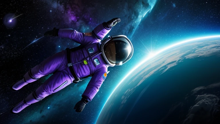 Generate an image featuring an astronaut floating in space, their helmet reflecting light and obscuring their face, with purple details. The astronaut is depicted in a weightless pose, surrounded by the vastness of space. The helmet reflects light in such a way that the astronaut's face remains hidden, adding an element of mystery. Purple accents are incorporated throughout the scene to enhance the cosmic atmosphere. This image captures the isolation and wonder of space exploration, inviting viewers to ponder the mysteries of the universe