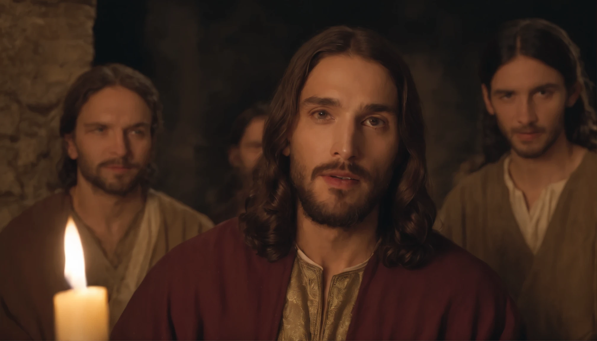 Jesus Christ Talking to Some Disciples, they are in a closed place and illuminated by candlelight. Biblical scene, melhor qualidade, 8k, obra prima, perfection in strokes, detalhes apurados das roupas,