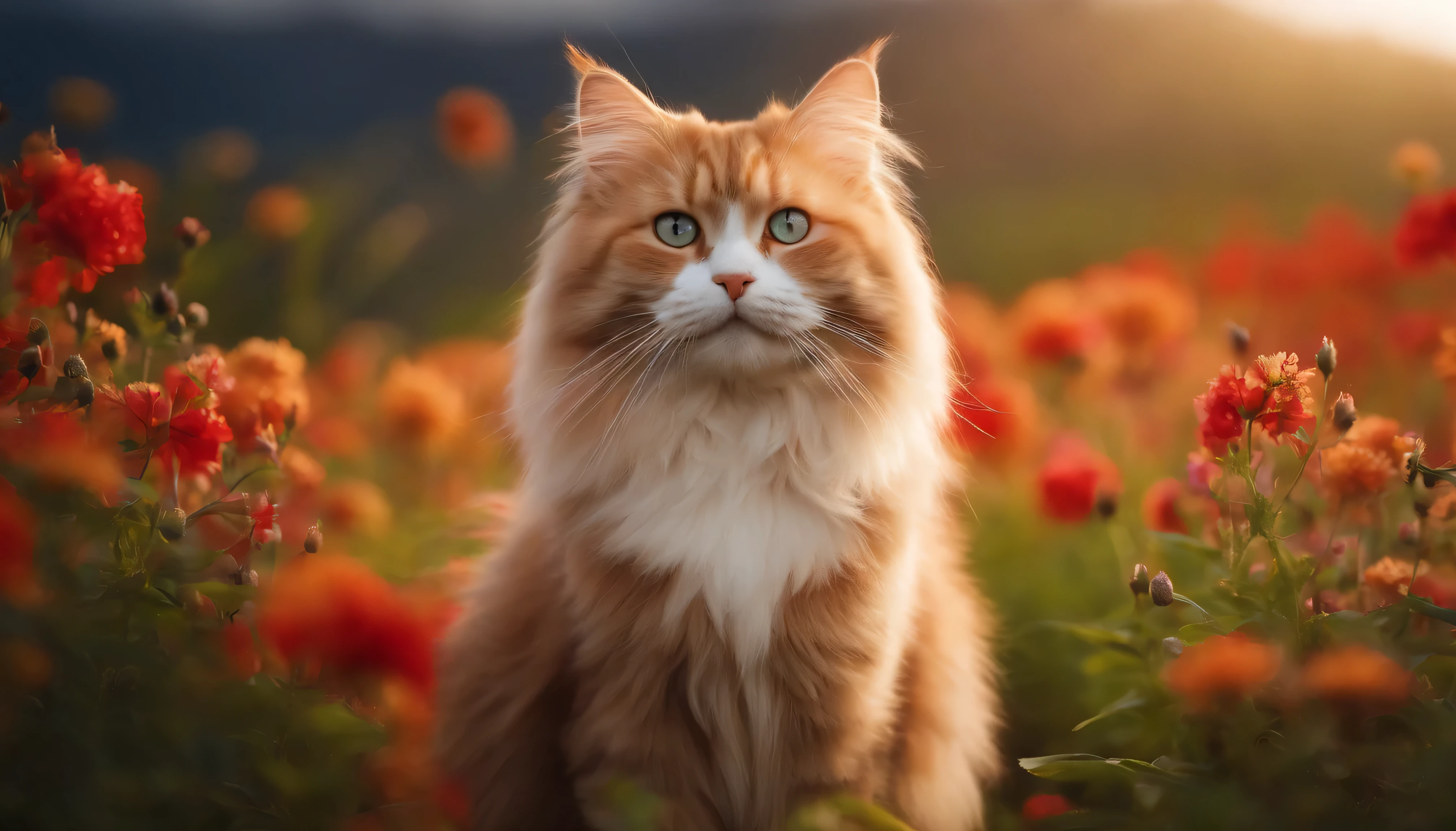 A fluffy cat in the flower field、Smile and look straight ahead