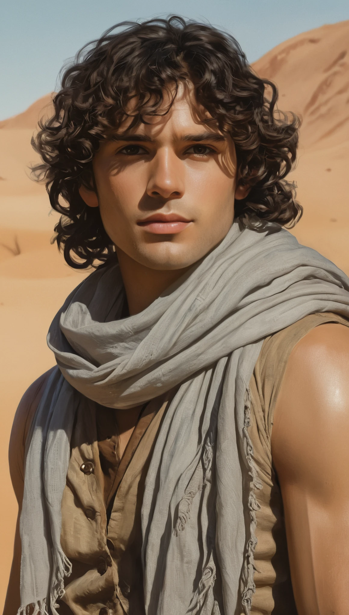 An illustrated movie poster, hand-drawn, full color, a male explorer, 28 years-old, resembles Gavin Leatherwood, wearing a linen shirt and a shemagh scarf, sun-tanned skin, stocky physique, deep brown eyes, wide bulbous nose, black hair, curly hair, thick bushy eyebrows, extremely hairy chest, stomach, and arms, lots of body hair, posing in a desert oasis, hard shadows, graphite shading, stencil markings, airbrushed acrylic paint, masterpiece, in the style of Lord of the Rings 