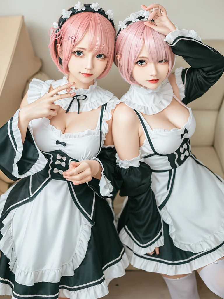 (8K, Photorealistic, Raw photo, of the highest quality: 1.3), (1girl in), Super beautiful, (Realistic face), (boyish, pink Color Berry Shorthair), Beautiful , Glare that captivates the viewer, Beautiful expression, Beautiful breasts, (Realistic skin), Be...Create a detailed and colorful image of Ram and Rem from Re:Zero, standing back-to-back in their maid outfits, with a magical fantasy background、14years old, two girls,cute, perfect face, beautiful, nice body, gothic ta clothes, gothic loliashion, frilly skirt, headdress, necklace, bracelet, knee-high socks, boots, double eyelids, tear bags, Detailed down to the fingers, photo-like description, indoors, dim indoor lighting, one girl is pink hair and short bob, another girl is light blue hair and short bob,standing,whole body, composition that shows the whole body, smiling,The Both of them are wearing the same type of maid outfit,Optimal ratio of 4 fingers and 1 thumb