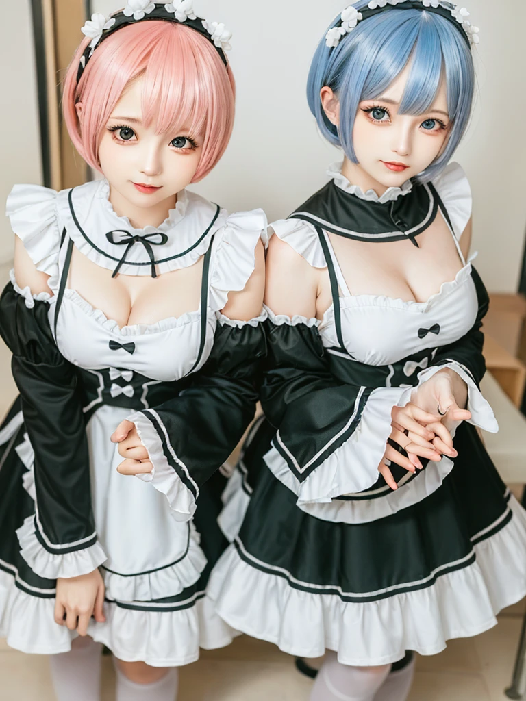 (8K, Photorealistic, Raw photo, of the highest quality: 1.3), (1girl in), Super beautiful, (Realistic face), (boyish, pink Color Berry Shorthair), Beautiful , Glare that captivates the viewer, Beautiful expression, Beautiful breasts, (Realistic skin), Be...Create a detailed and colorful image of Ram and Rem from Re:Zero, standing back-to-back in their maid outfits, with a magical fantasy background、14years old, two girls,cute, perfect face, beautiful, nice body, gothic lolita clothes, gothic lolita fashion, frilly skirt, headdress, necklace, bracelet, knee-high socks, boots, double eyelids, tear bags, Detailed down to the fingers, photo-like description, indoors, dim indoor lighting, one girl is pink hair and short bob, another girl is light blue hair and short bob,standing,whole body, composition that shows the whole body, smiling,The Both of them are wearing the same type of maid outfit,Optimal ratio of 4 fingers and 1 thumb