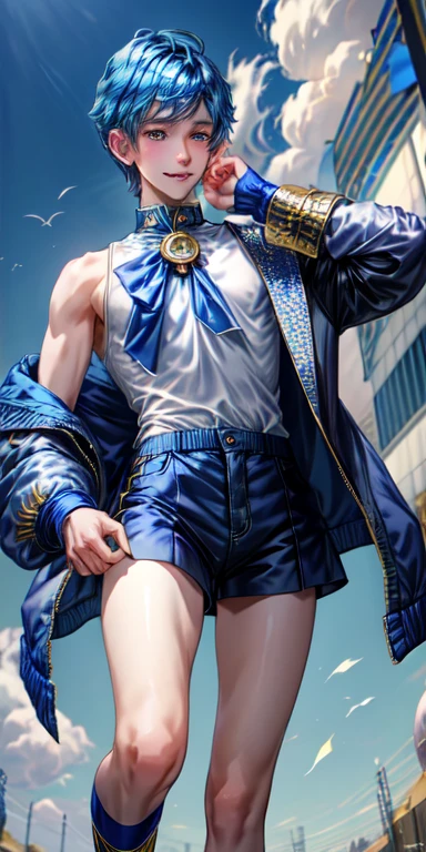 1boy, short blue hair, blushing, blue eye, yellow eye, smiling, puffy blue coat, white shirt, black shorts, blue sneakers, kawaii style, nose band aid,