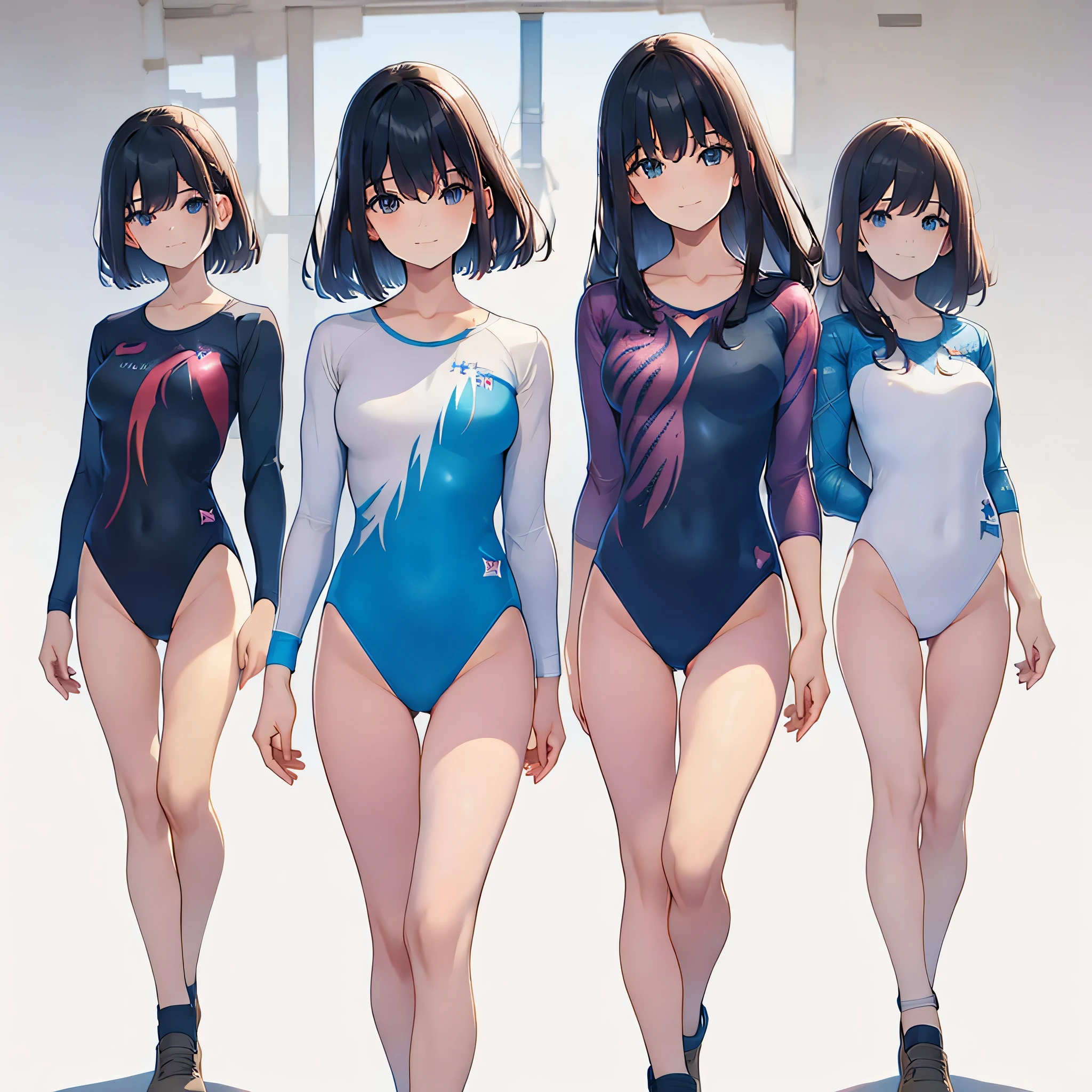 ((full body)),(masterpiece, best quality), (2 girls1.5) ,((Contrapposto:1.5)), looking at viewer, walking,((v_arms:1.2)), （wearing gymnastics_longsleeves_leotard_outfit leotard:1.3),(simple leotard:1.3),(green leotard:1.3) ,((plaid print:1.3)), BREAK masterpiece black hair, ((long hair:1.2)), ((parted bangs:1.3)), black eyes, good hand, ((small breasts)), (over 20 years old, under 25 years old:1.2), , spotlight, happy, smile, BREAK white background