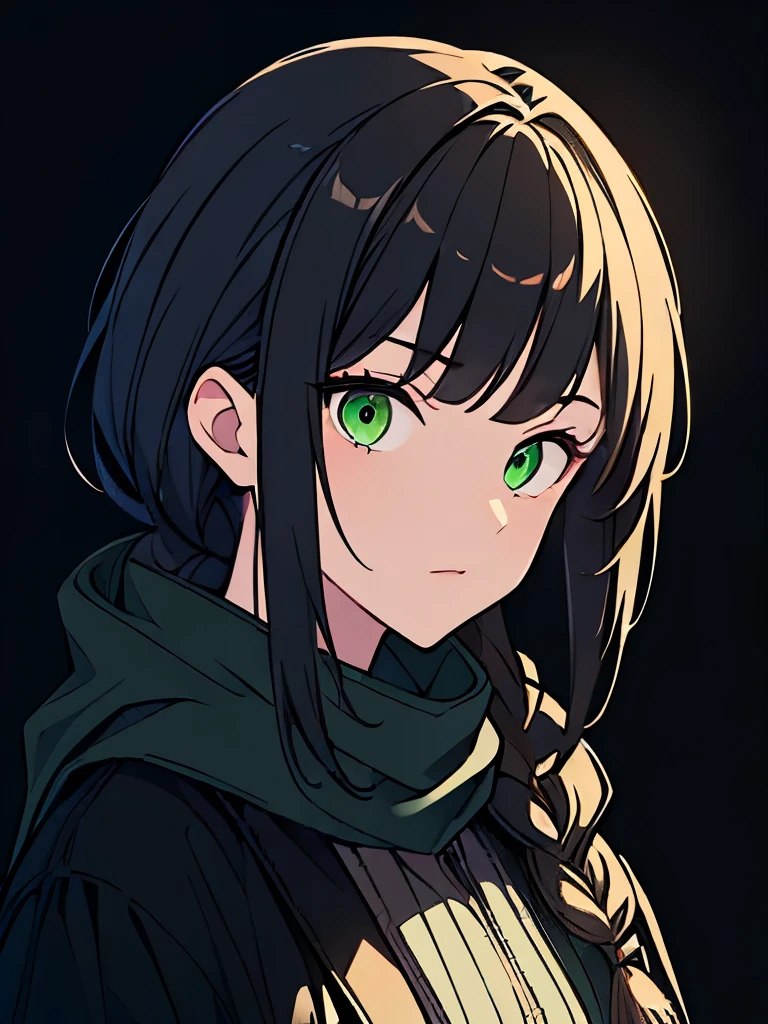 [(black background:1.5)::5], (masterpiece:1.2), (upper body:1.5), (portrait), 1girl, best quality, game cg, perfect face, detailed eyes, shoulder length hair, black hair, green eyes, serious face, looking at viewer, centered, black coat, grey scarf, single braid