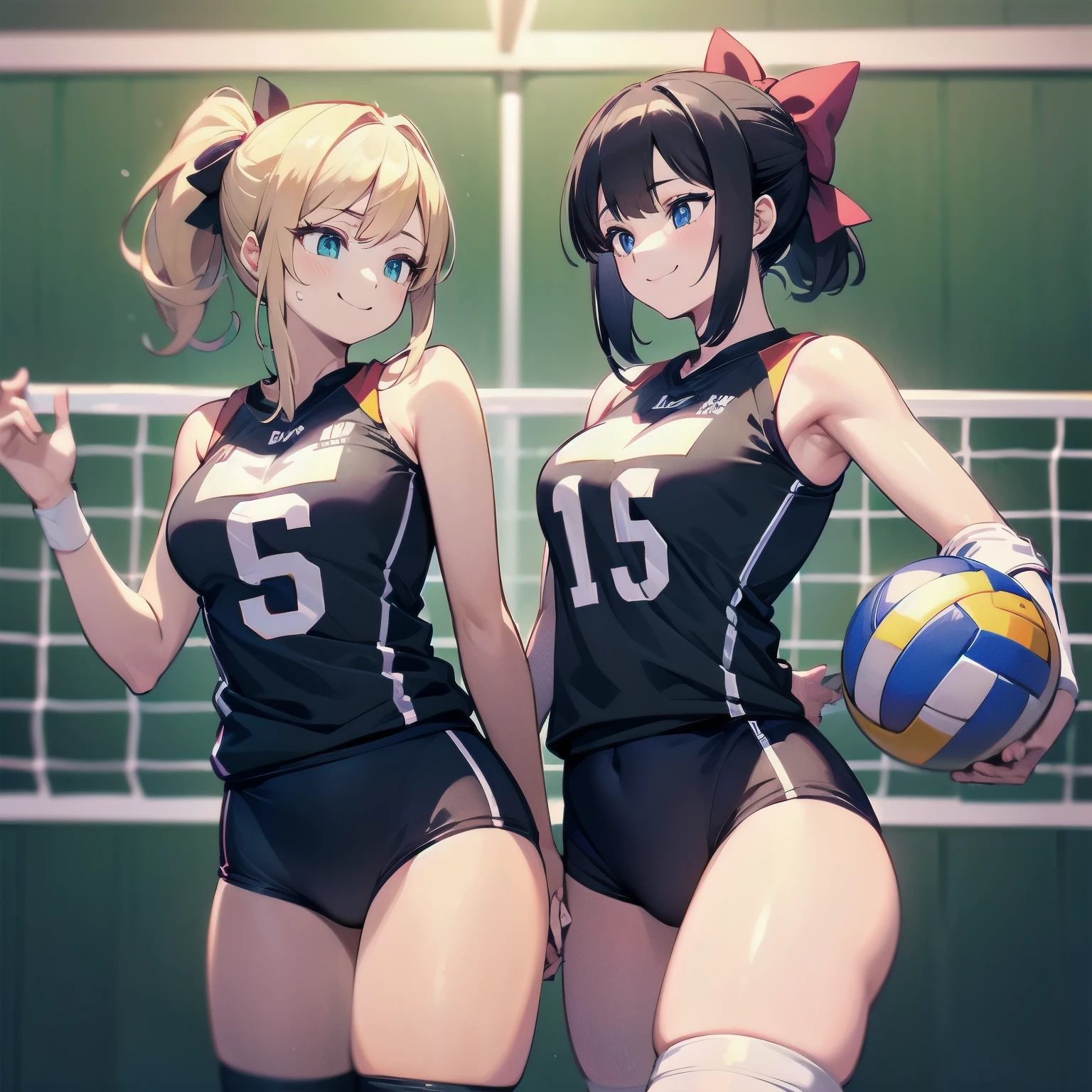 unity 8k wallpaper, anatomically correct, (((masterpiece))), (((best quality))), (((ultra detailed))), (((high-resolution))), ((super fine illustration)), ((Ultimate cutie)), detailed beautiful face, shiny hair, 18 years old, ((potbelly)), (curvy), medium breasts, ((Thick thighs)), sleeveless volleyball uniform, ((buruma)), ((knee pad)), (elbow pad), ((hold volleyball)), ((hold a 6-inch volleyball)), cowboy shot, in volleyball court, in school gymnasium,
BREAK, Yuri, 2girls_A_and_B, A girl_have_{{blond ponytail}}_{hair bow}_{{happy}}_{smile},
BREAK, B girl_have_{black short hair}_ {hair bow}_{{{smirk}}}