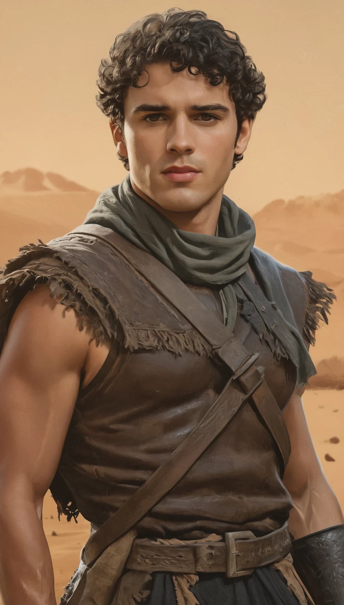 An illustrated movie poster, hand-drawn, full color, a male ranger, 28 years-old, resembles Gavin Leatherwood, wearing a leather cuirass and a shemagh scarf, sun-tanned skin, stocky physique, deep brown eyes, wide bulbous nose, black hair, curly hair, thick bushy eyebrows, extremely hairy chest, stomach, and arms, lots of body hair, posing in a desert oasis, hard shadows, graphite shading, stencil markings, airbrushed acrylic paint, masterpiece, in the style of Lord of the Rings 