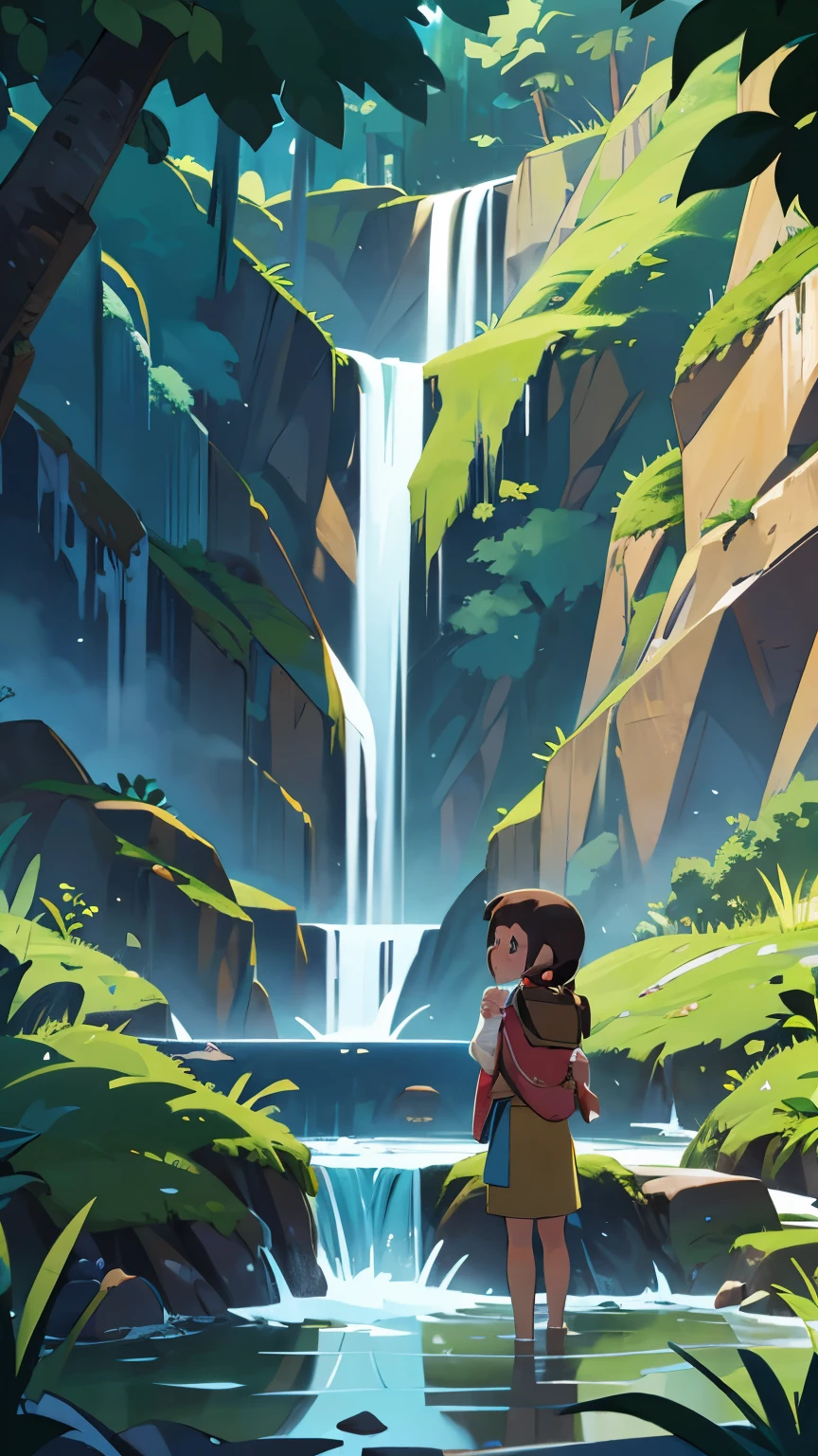 Ali and Maya stood in front of a beautiful waterfall, with mixed expressions of admiration and excitement when they discovered a large chest hidden behind the waterfall.