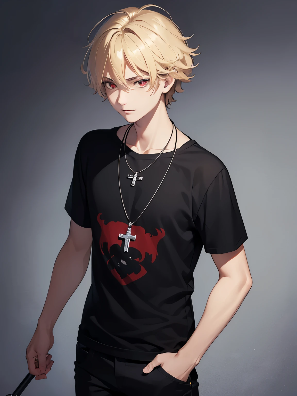 1boy,handsome,,walking,looking away,slight smile,half body photo,Perfect face, HD face, ultra detailed face, short hair, blonde hair, messy hair, bright red eyes, vampire, black t-shirt, black trousers, cross necklace,ultra detailed, ultra HD