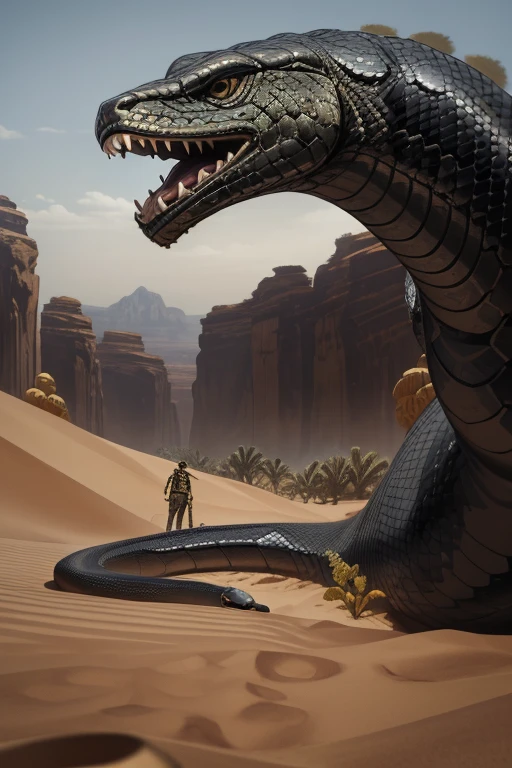 (Absurdres, Intricate Details, Masterpiece, Best Quality, High Resolution, 8k), animal, giant animal, candid, animal, giant snake, snake with saber thoot, black snake, super huge snake, super long snake, desert in background, scary atmosphere, Depth of Field, VFX.