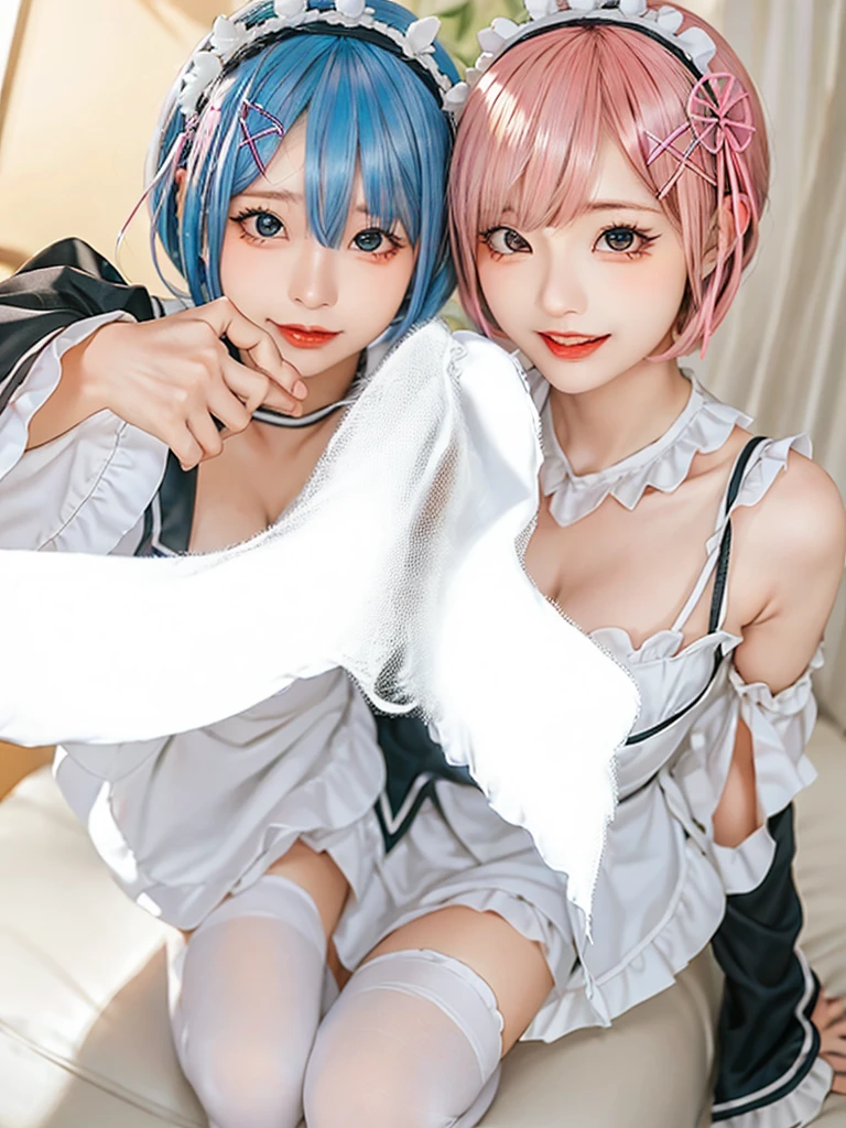 (8K, Photorealistic, Raw photo, of the highest quality: 1.3), (1girl in), Super beautiful, (Realistic face), (boyish, light blue Color Berry Shorthair),(8K, Photorealistic, Raw photo, of the highest quality: 1.3), (1girl in), Super beautiful, (Realistic face), (boyish, pink Color Berry Shorthair), Beautiful , Glare that captivates the viewer, Beautiful expression, Beautiful breasts, (Realistic skin), Be...Create a detailed and colorful image of Ram and Rem from Re:Zero, standing back-to-back in their maid outfits, with a magical fantasy background、ars old, two girls,cute, perfect face, beautiful, nice body, gothic lolita clothes, gothic lolita fashion, frilly skirt, headdress, necklace, bracelet, knee-high socks, boots, double eyelids, tear bags, Detailed down to the fingers, photo-like description, indoors, dim indoor lighting, one girl is pink hair and short bob, another girl is light blue hair and short bob,standing, whole body, composition that shows the whole body, smiling,The Both of them are wearing the same type of maid outfit