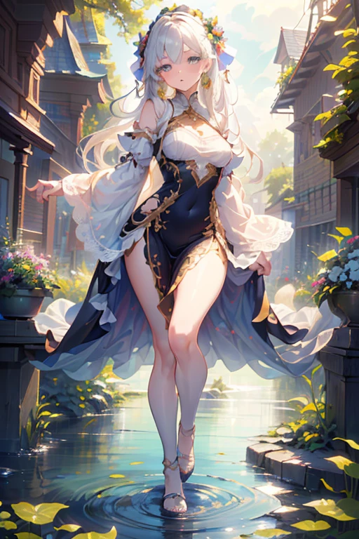(1girl, Beautiful eyes with fine symmetry, detailed face texture, beautiful detail eyes), (dress with bell sleeves, impressive, Lace and ruffle-inspired designs), many ruffle, floating gardens on a lake connected by bridges, creation of fantasy, proportional figure, (sensual pose, full shot), (Highly detailed), (high resolution), (Best quality), (masterpiece)