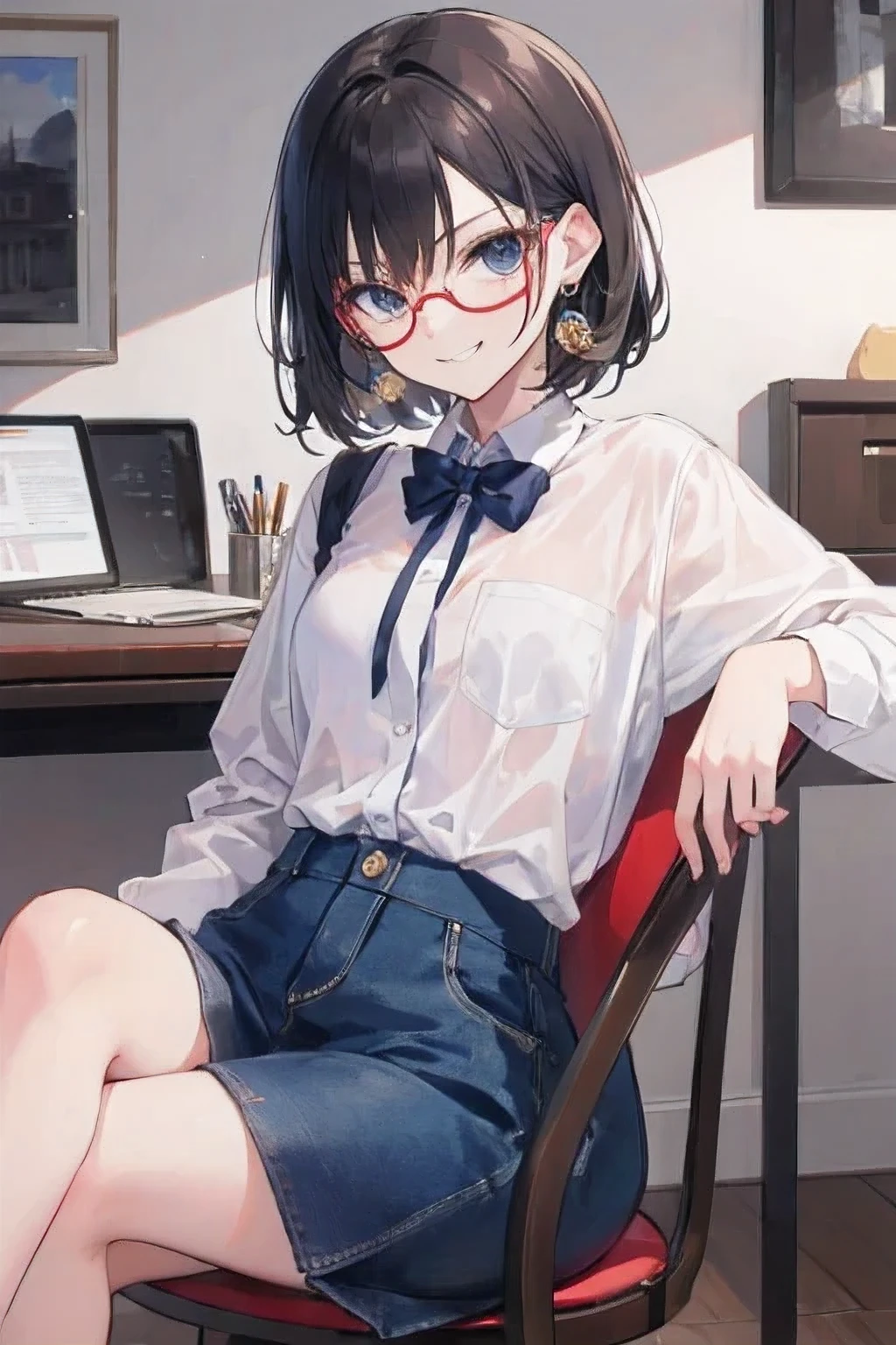 ((best quality)), ((masterpiece)), (detailed), perfect face. Cute. Female. Wearing glasses. Transparent glasses. Circle glasses. Smirking. Sitting on a chair. Wearing a high .