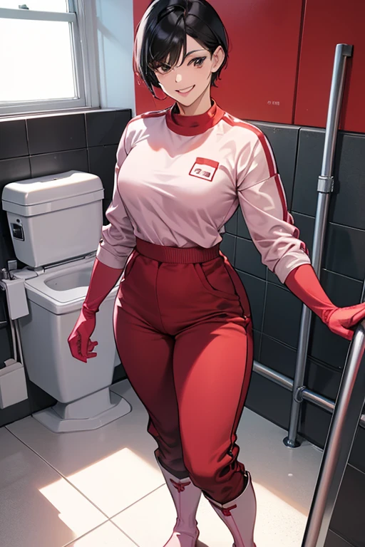 A muscular, short-haired, black-haired mature woman wearing a red long-sleeved, long-pants gym uniform, pink rubber gloves and white rubber boots, smiling gently as she cleans the school toilets.