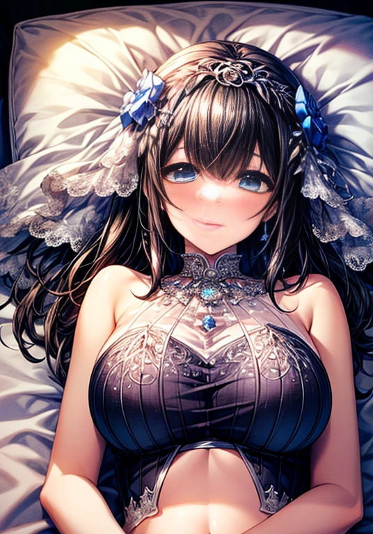 (Wedding dress, deposit, Head ornament:1.2), masterpiece, highest quality, Lying Girl, alone, (Upper Body),Blue Eyes、Black Hair、 belly button, Shiny, Shiny肌, bed sheet, pillow, 、See-through、White skin