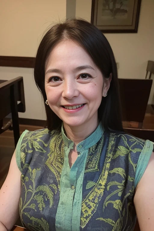 (Tabletop:1.4), Full body View、High resolution,(high quality:1.4),(60-year-old woman:1.4),(Facial wrinkles:1.4),Beauty,chest,smile,Batik Dress