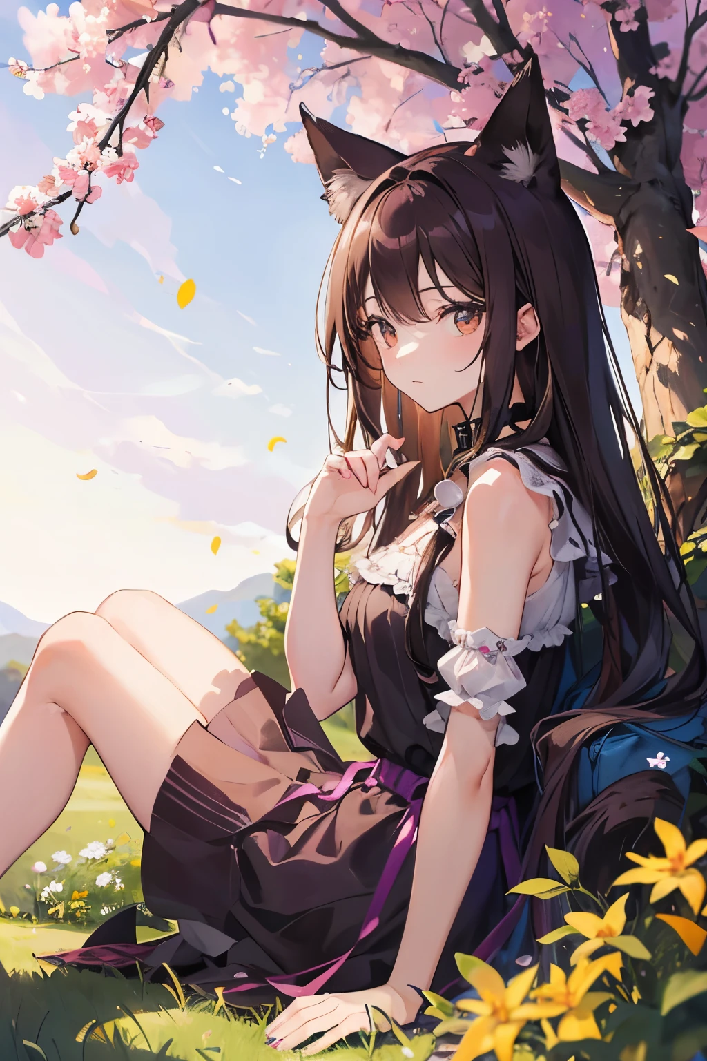 create the image of a girl sitting on top of a hill leaning on an almond tree that has purple leaves, The girl has very long, dark brown hair and she has a dark orange cat in her hands that has a collar.