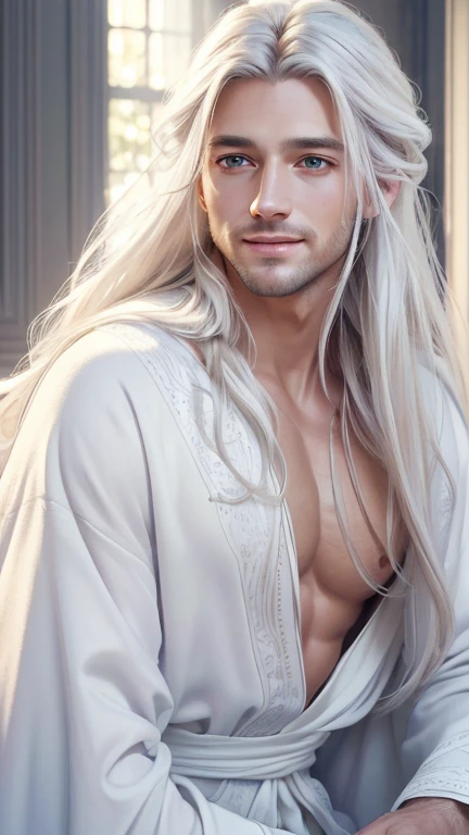 (best quality,4k,8k,highres,masterpiece:1.2),ultra-detailed,(realistic,photorealistic,photo-realistic:1.37),man,white robes,white long hair,detailed eyes,radiant smile,soft ethereal lighting,vivid colors,subtle pastel palette,portrait style,serene atmosphere