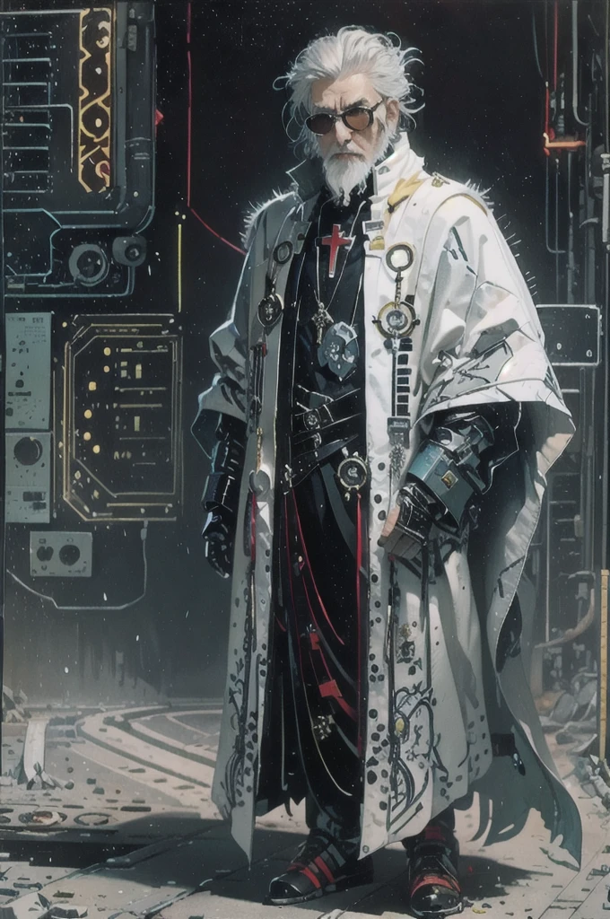 72 year old man, Whole body, Cold, layers of clothing, futuristic cyberpunk costume, librarian, writer, bulky clothes, futuristic clothes, [Liam Neeson] priest, librarian, short hair, marquee, pointed white beard, tattoo on eye, stylized sun tattoo on the right eye, futuristic clothes, layered clothing, ROBE, raincoat with hair, Cold inspired by Adrienn Henczné Deáki, trousers, Cold, hair cloak,  inspired by Olivia de Berardinis