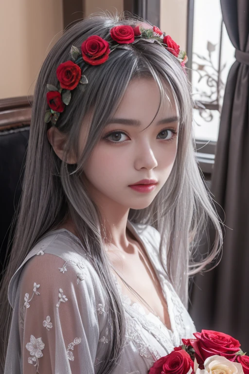 One girl,alone,One girl,alone,((Beautiful fine details)), (Detailed light),Depth of written boundary,(Gray Hair),Silver Eyes,Hair on one eye,(Red flower ), Hair Flowers,Long Hair,Black Cape,Wet,Emotionless,Recall,night,Starfall,it&#39;s raining,fog,Red flowers falling,sketch,Upper Body,Strong Shadows,