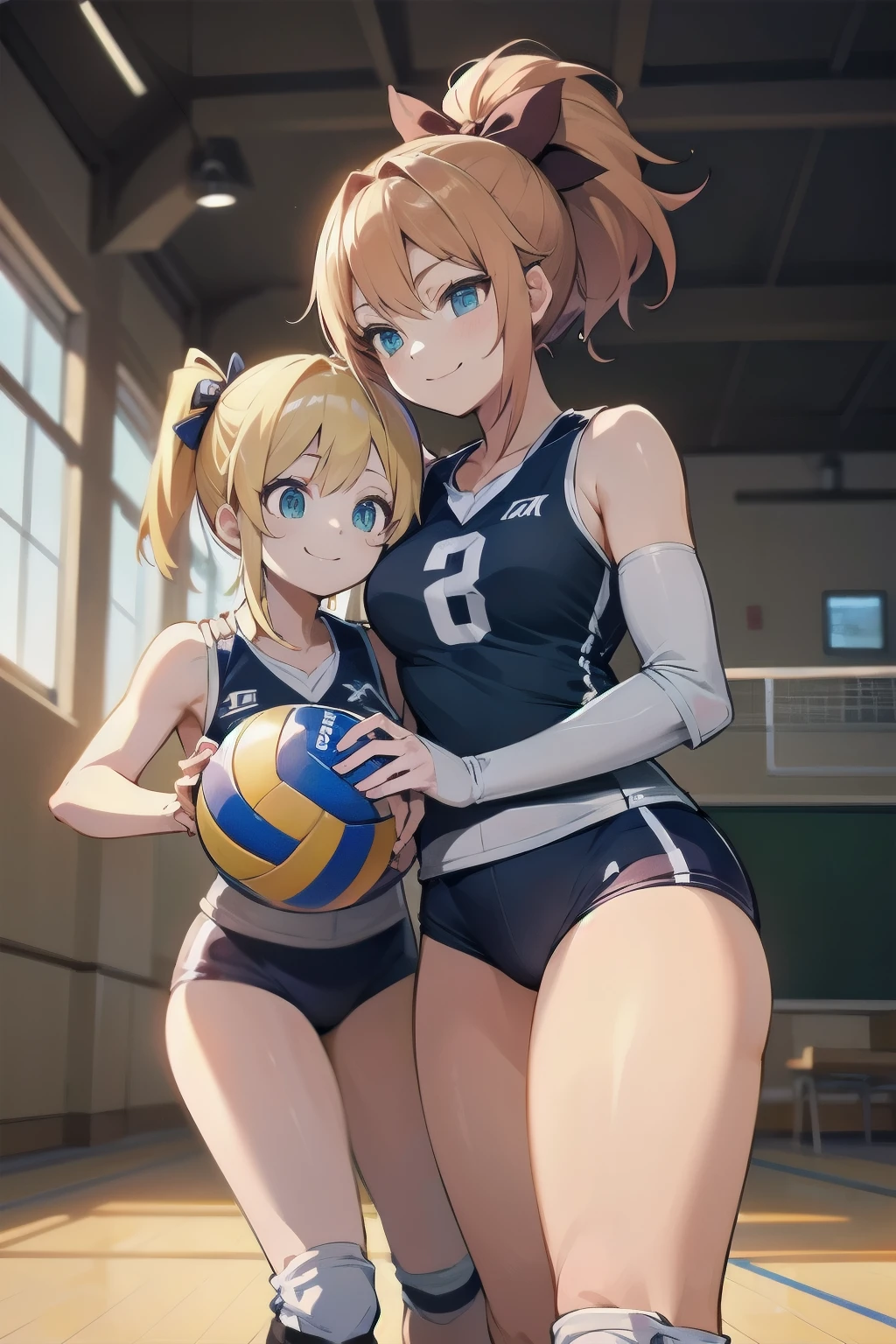 unity 8k wallpaper, anatomically correct, (((masterpiece))), (((best quality))), (((ultra detailed))), (((high-resolution))), ((super fine illustration)), ((Ultimate cutie)), detailed beautiful face, shiny hair, 18 years old, ((potbelly)), (curvy), medium breasts, ((Thick thighs)), sleeveless volleyball uniform, ((buruma)), ((knee pad)), (elbow pad), ((hold volleyball)), ((hold a 6-inch volleyball)), cowboy shot, in volleyball court, in school gymnasium,
BREAK, (Yuri), 2girls_A_and_B, A girl_have_{{blond ponytail}}_{hair bow}_{{happy}}_{smile},
BREAK, B girl_have_{black short hair}_ {hair bow}_{{{smirk}}}