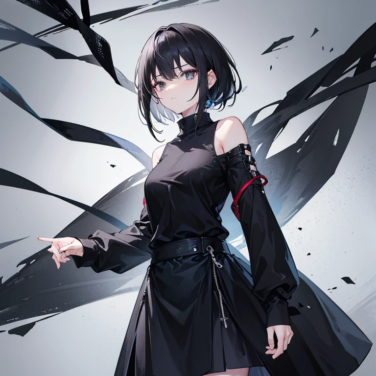 A woman with shoulder-length short black hair and black eyes wears a black long-sleeved shirt.