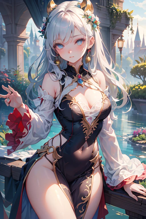 (1girl, Beautiful eyes with fine symmetry, detailed face texture, beautiful detail eyes), (dress with bell sleeves, impressive, arcane-inspired designs), many ruffle, floating gardens on a lake connected by bridges, creation of fantasy, proportional figure, (sensual pose, full shot), (Highly detailed), (high resolution), (Best quality), (masterpiece)