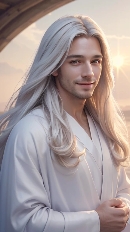 (best quality,4k,8k,highres,masterpiece:1.2),ultra-detailed,(realistic,photorealistic,photo-realistic:1.37),man,white robes,white long hair,radiant smile,soft ethereal lighting,vivid colors,subtle pastel palette,portrait style,serene atmosphere