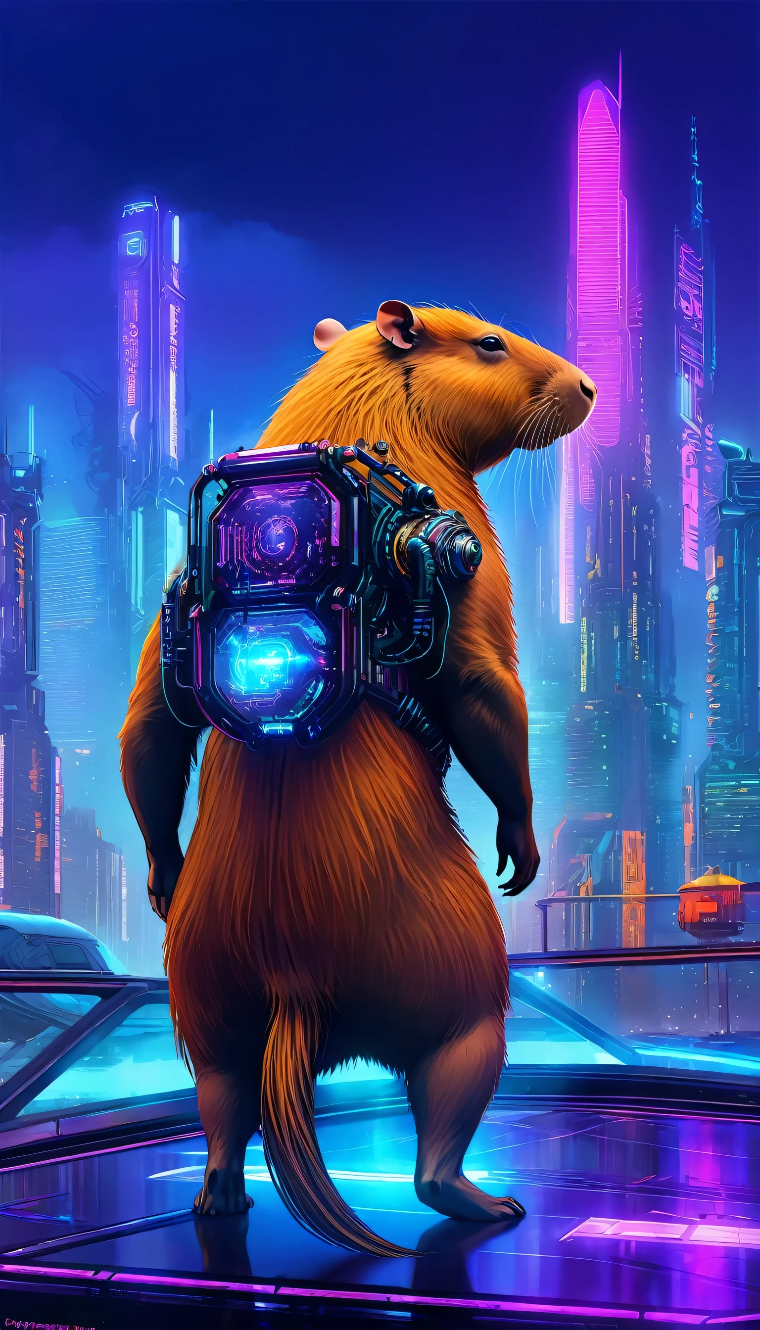Translucent Ethereal Mechanical Capybara，Capybara Mechanical，Future city background，Beautiful sci-fi art, Sci-fi digital art illustration, Digital cyberpunk art, Sci-fi digital painting, futuristic digital painting, futuristic concept art, In front of sci-fi cityscape, Sci-fi digital art, Advanced digital cyberpunk art, The Magical Cyberpunk Capybara