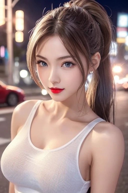 Urban beautiful girl college student, masterpiece, light makeup, red lips, silver hair, messy long hair, street background, beautiful, elegant. super fine details, master works, authentic texture, cinematic lighting realism, perfect job, 16K, hd, exquisite features,blue eyes、japanese idol、Beautiful Face、cute smile、brown hair、beautiful hair、ponytail、glamorous、perfect breasts、erect nipples、Oily muscle、shiny skin、white skin, glowing skin, bright big eyes, smooth skin, super sexy  tank top, thin tank top 