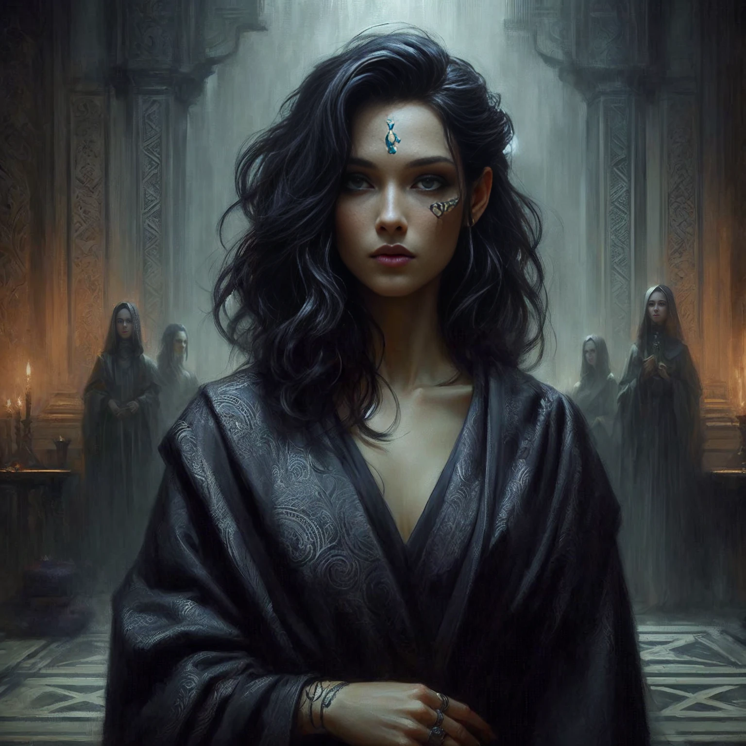 Meisterwerk, best quality, (extrem detailliertes CG Unity 8k-Hintergrundbild), (best quality), (beste Illustration), (bester Schatten), absurdesten, realistische Beleuchtung, (Abgrund), beautiful, detailliertes Leuchten,Arafed Frau mit einem Gesicht bemalt in einem dunklen Raum, Charlie Bowater Charakterkunst, Kunst im dunklen Fantasy-Stil, Abaddon und Magali Villeneuve, Tom Bagshaw Donato Giancola, elfic priestess, detailed matte fantasy portrait, Charlie Bowater satte, tiefe Farben, Portrait of a priestess, tom bagshaw artstyle