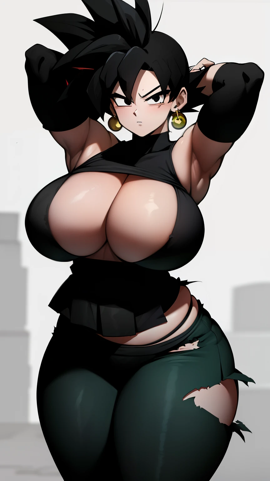 ((masterpiece, best quality)),(complex light), 1female,solo,upper body, goku black,black hair,black eyes, green potara earrings, large breasts, wide hips, curvy, thin waist, Black gi, red martial arts belt, (torn clothes:1.2), solo girl, armpits, arms up