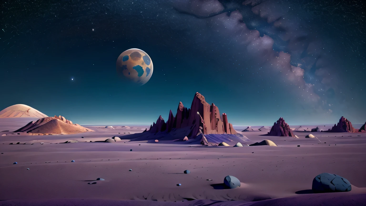 Generate a static image of space in an animation style with a 16:9 aspect ratio. The scene depicts outer space filled with stars of different sizes, some subtly twinkling to add dynamism to the scene. In the background, several planets of different colors and sizes can be seen, each with characteristic rings around them. The perspective suggests that the planets are distant in space. In the foreground is the surface of the moon, with visible craters and mountains on its lunar landscape. Reflected sunlight illuminates part of the lunar surface, creating a contrast between light and shadow. Additionally, incorporate purple details throughout the image, such as in the stars, planets, and the subtle hues in the lunar landscape. The overall atmosphere of the image is one of awe and wonder at the vastness of outer space