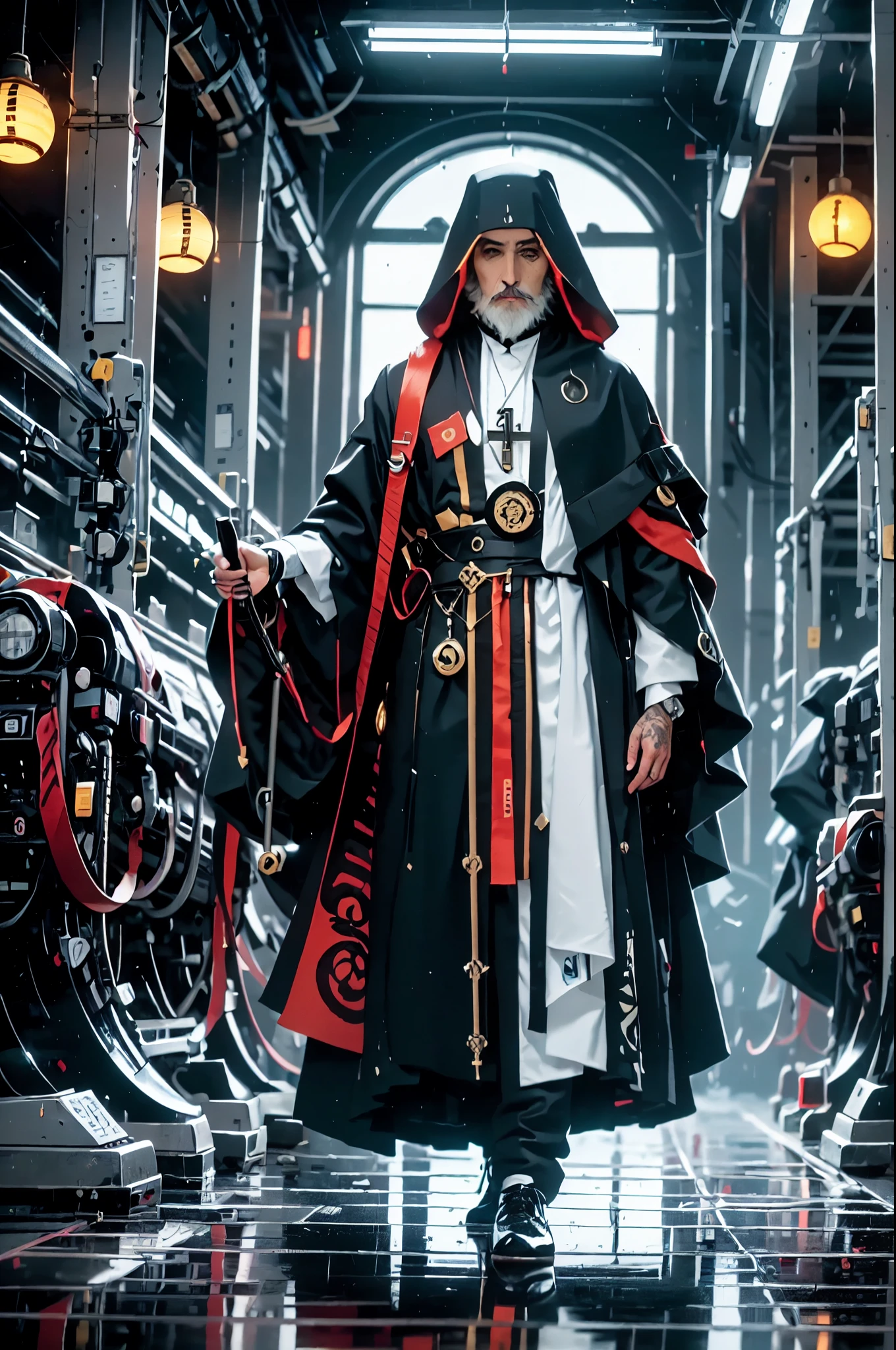 72 year old man, Whole body, Cold, layers of clothing, futuristic cyberpunk costume, librarian, writer, bulky clothes, futuristic clothes, [Liam Neeson] priest, librarian, short hair, marquee, pointed white beard, tattoo on eye, stylized sun tattoo on the right eye, futuristic clothes, layered clothing, ROBE, raincoat with hair, cold inspired by Adrienn Henczné Deáki, trousers, Cold, hair cloak,  inspired by Olivia de Berardinis