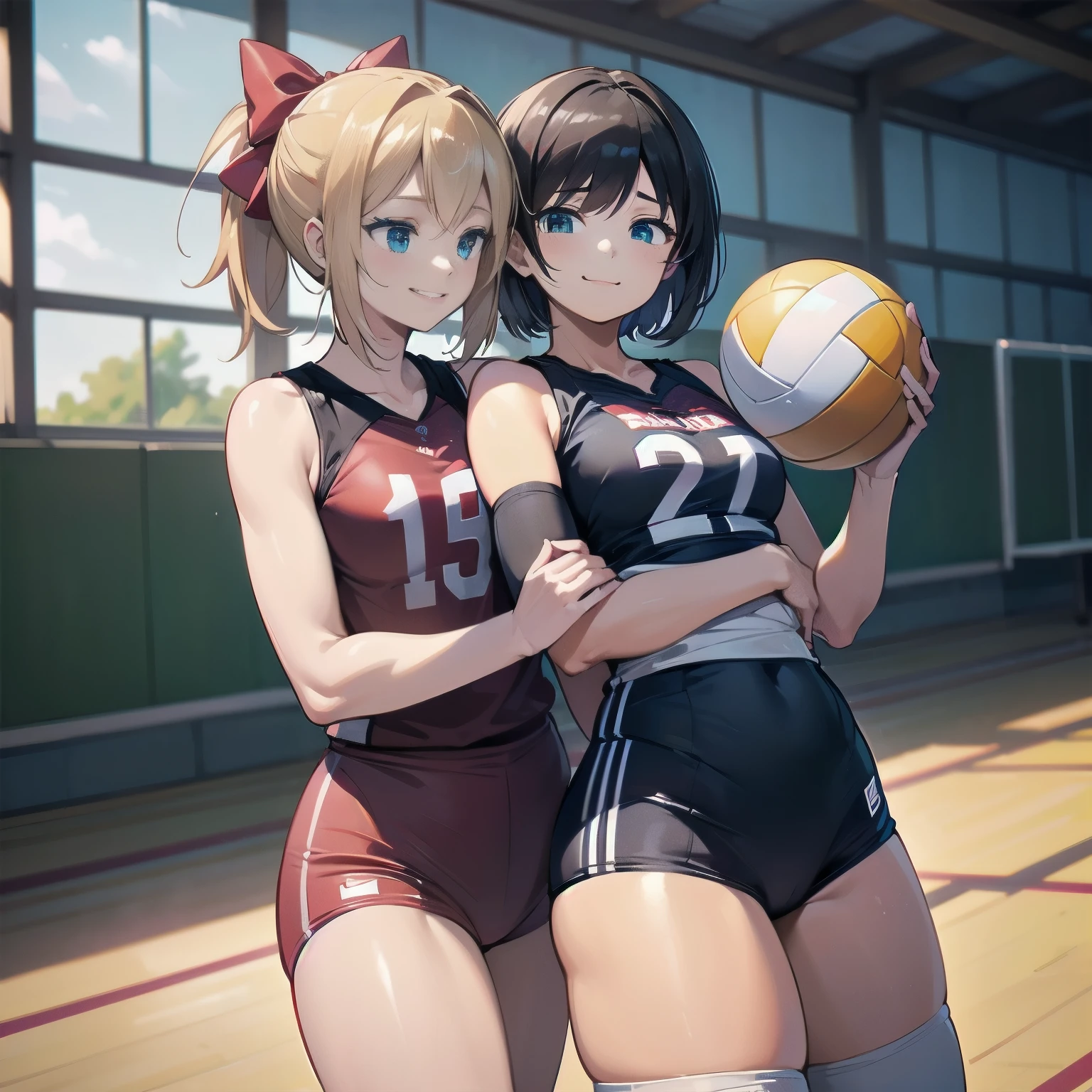 unity 8k wallpaper, anatomically correct, (((masterpiece))), (((best quality))), (((ultra detailed))), (((high-resolution))), ((super fine illustration)), ((Ultimate cutie)), detailed beautiful face, shiny hair, 18 years old, ((potbelly)), (curvy), medium breasts, ((Thick thighs)), sleeveless colored volleyball uniform, ((buruma)), ((knee pad)), (elbow pad), ((hold volleyball)), ((hold a 6-inch volleyball)), cowboy shot, in volleyball court, in school gymnasium, 
BREAK, (Yuri), 2girls_A_and_B, A girl_have_{{blond ponytail}}_{hair bow}_{{happy}}_{smile}, 
BREAK, B girl_have_{black short hair}_ {hair bow}_{{{smirk}}}
