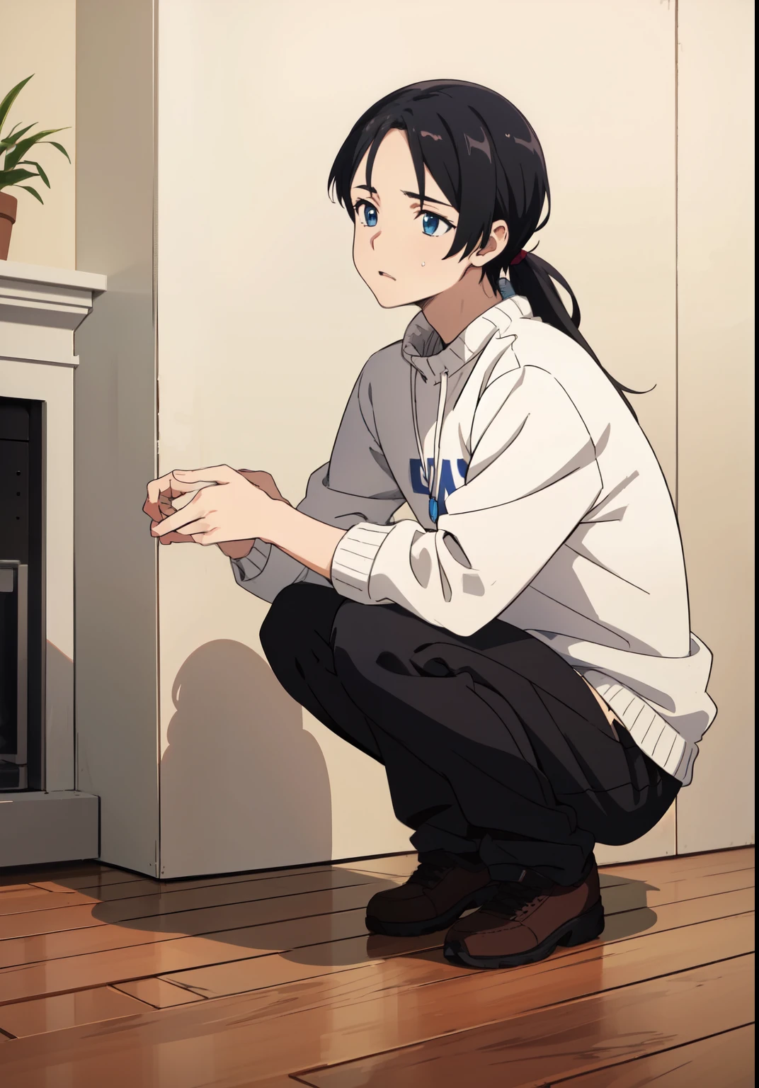((Anime)) ,((( boy))), (((squatting))), (masterpiece:1.2), Best quality, a high resolution, unity 8k wallpaper, (illustration:1.2), (very detailed face), (Perfect hands), (Ideal Anatomy), Blue eyes, black hair, long hair, (parted bangs), (low ponytail)
