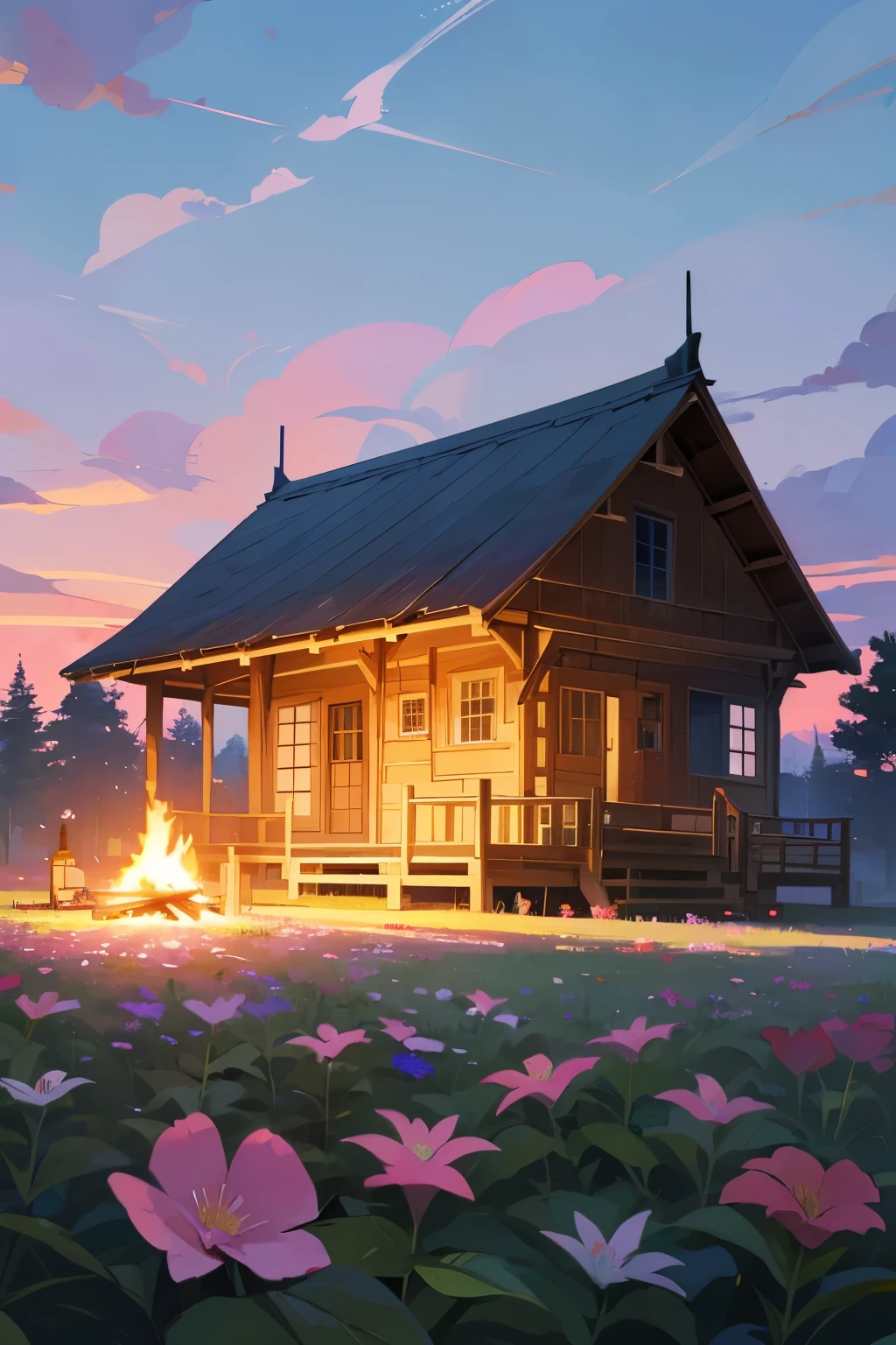 
Just a camp in ((nature)), with flowers in front with a ((bonfire)) in the middle and many fruit trees on the sides with a beautiful sky and sun with a wooden house in the background and pink and white clouds