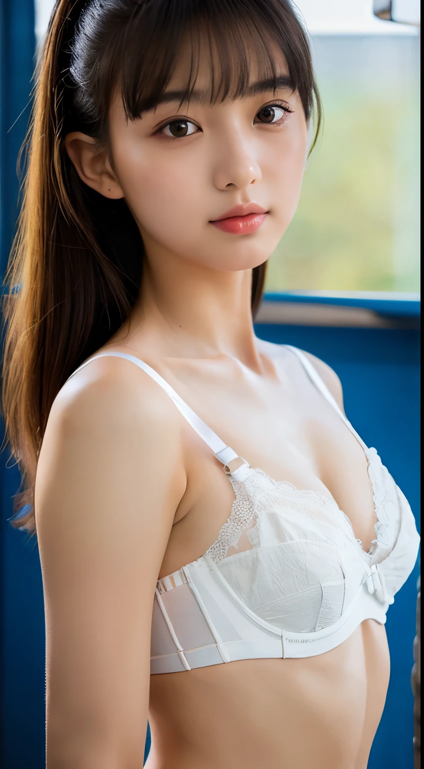 highest quality, RAW Photos, Realistic, face, Incredibly ridiculously beautiful girl, cute, ponytail, Depth of written boundary, High resolution, 超detailed, detailed, Very detaileded, extremely detaileded eye and face, Sharp pupils, Realistic students, Sharp focus, Cinema Lighting, flat breasts, Small breasts, big,( big bust: 1.2), big bust, (slim, big, flat, big), thin, Delicate and sexy collarbone, (Sailor suit:1.2), (Lifting Sailor suit to show off a small white bra:1.5)))、