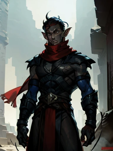 Concept ART, Human Male r , pointer Elf ears,face Tattoo , blue pupils  ,Black hair , red Torn Scarf , Bandage ,Ancient dark magic , Handsome guy