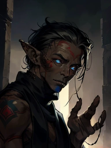 Concept ART, Human Male r , pointer Elf ears,face Tattoo , blue pupils  ,Black hair , red Torn Scarf , Bandage ,Ancient dark magic , Handsome guy