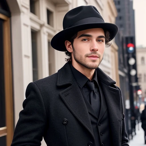 a perfect asmonean jewish, in black coat, fedora hat hair stylish short dark blonde man, focus on the face