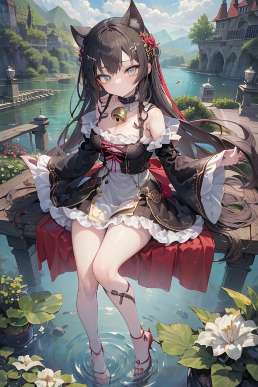 anatomically correct, best quality, masterpiece, high quality, high details, highres, HD, (shaded face:1.2), hollow eyes, (heterochromia, blue eyes, yellow eyes), looking at viewer, smirk, upper teeth, ((anatomically correct:1.4)), (black hair, long hair, grey eyes), hair ornament, breasts, jewelry, 1girl, black_hair, long_hair, flower, 1girl, breasts, long_hair, letterboxed, solo, large_breasts, dress, cleavage, thighhighs, field, flower_field, very_long_hair, gloves, looking_at_viewer, hair_flower, lying, white_legwear, garter_straps, white_dress, hair_ornament, on_back, white_flower, white_gloves, elbow_gloves, smile, detached_sleeves, open_mouth